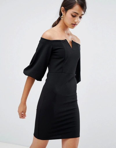 Girls On Film Bardot Dress With Frill Sleeve Detail - Black