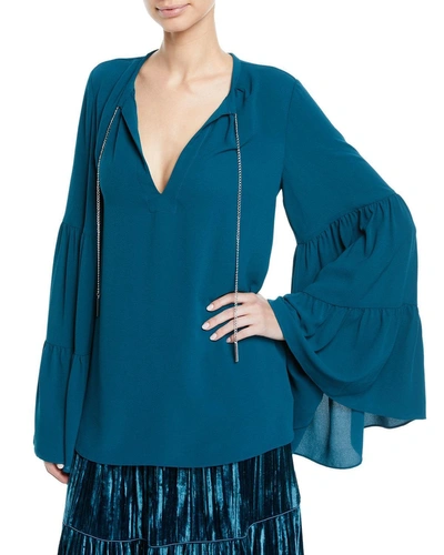 Michael Michael Kors Chain-neck Tiered-sleeve Top In Luxe Teal