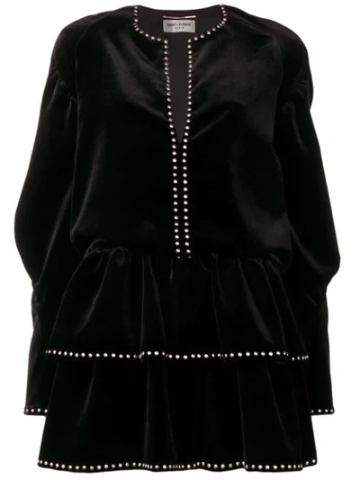 Saint Laurent Studded Ruffled Velvet Mini Dress In Black