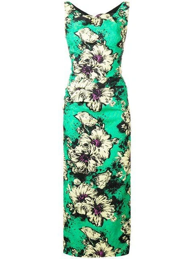 Miu Miu Ruched Floral-print Silk-blend Cloqué Midi Dress In Smeraldo