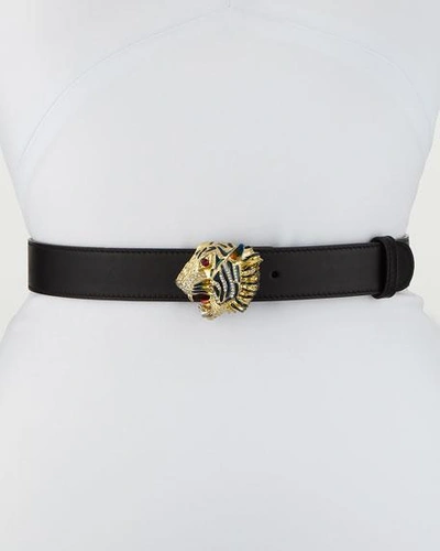 Gucci Crystal Tiger Head Leather Belt In Black