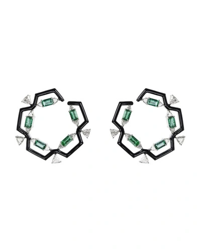Nikos Koulis Oui 18k White Gold & Black Enamel Hoop Earrings With Emeralds & Diamond