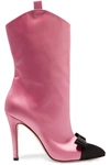 ALESSANDRA RICH BOW-EMBELLISHED TWO-TONE SATIN ANKLE BOOTS