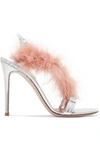 GIANVITO ROSSI 105 FEATHER-TRIMMED MIRRORED-LEATHER SLINGBACK SANDALS