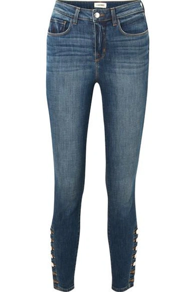 L Agence Piper Button Hem Skinny Jeans In Dark Denim