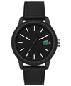 LACOSTE MEN'S 12.12 BLACK SILICONE STRAP WATCH 42MM WOMEN'S SHOES