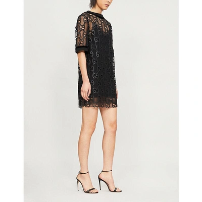 Gucci Elbow-sleeve Gg Leather Macrame Netted Lace Boxy Dress In Black