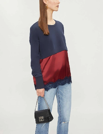 Pinko Contrast-panel Cotton-blend And Silk-satin Sweatshirt In Blu Bordeaux