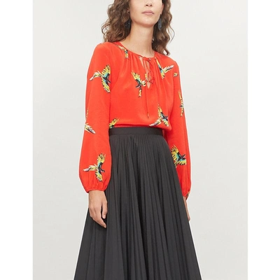 Diane Von Furstenberg Silk Bird-print Long-sleeve Blouse In Red