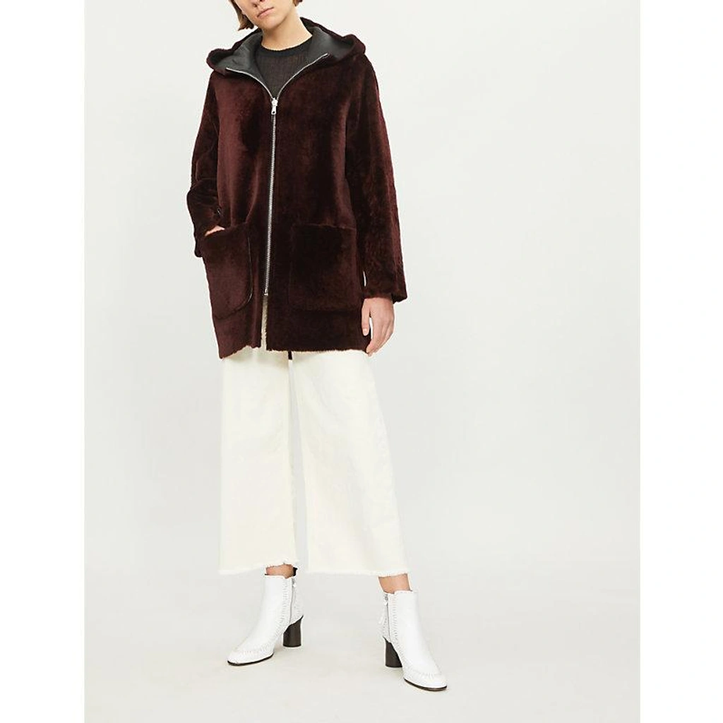 Sandro Reversible Hooded Leather And Shearling Coat In Burgundy