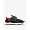 BALENCIAGA MENS BLACK AND RED STRIPED CAPSULE RACE RUNNERS LEATHER AND SUEDE TRAINERS