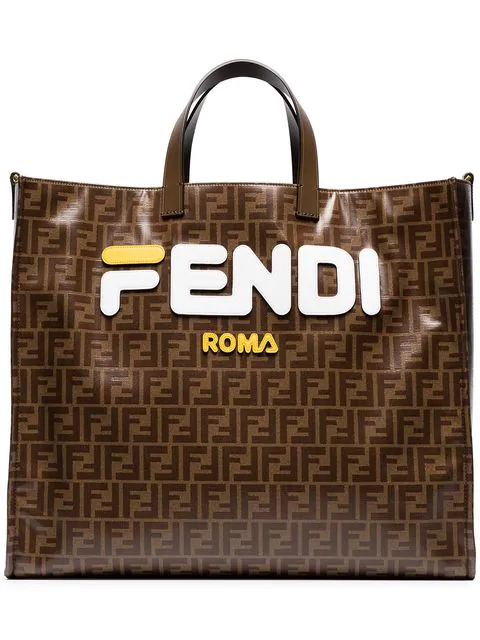 Fendi Mania Brown And White Large Logo Print Tote Bag | ModeSens