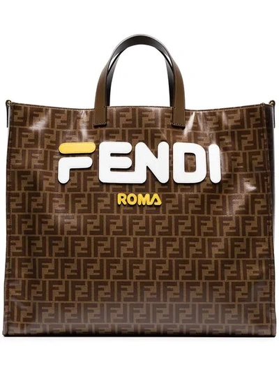 Fendi Mania Brown And White Large Logo Print Tote Bag