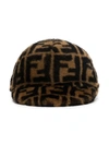 FENDI BLACK AND BROWN PRINTED CASHMERE AND WOOL CAP