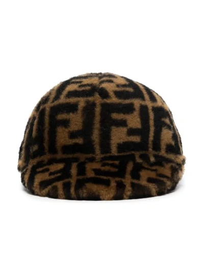 Fendi Black And Brown Printed Cashmere And Wool Cap In Beige