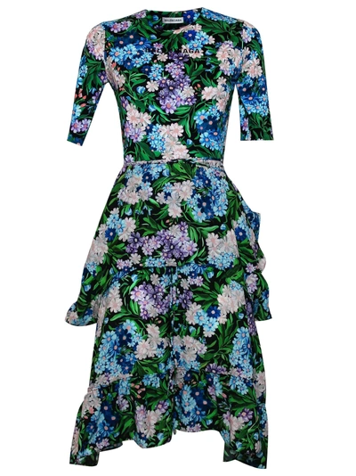 Balenciaga Gathered Floral-print Jersey And Crepe Dress In Blue