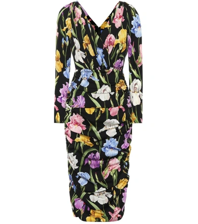 Dolce & Gabbana Long-sleeve V-neck Ruched Iris-print Tea-length Daytime Dress In Multicolor