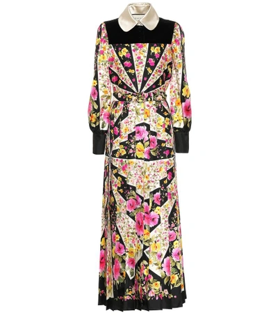 Gucci Velvet-trimmed Pleated Floral-print Silk-twill Maxi Dress In Multicoloured