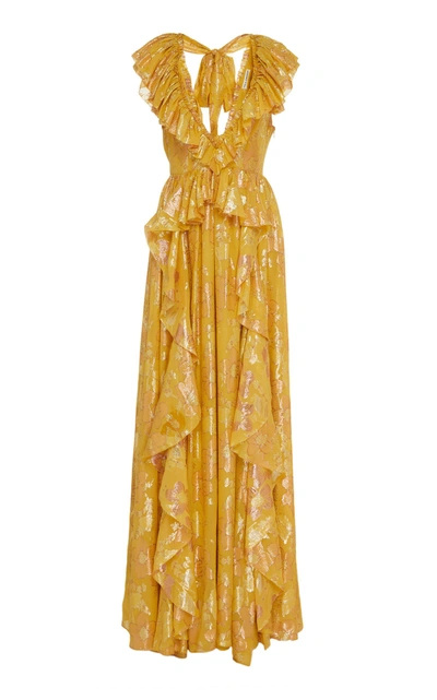 Ulla Johnson Demetria Ruffled Metallic Fil Coupé Silk-blend Gown In Yellow