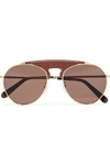 LOEWE Pilot aviator-style gold-tone and textured-leather sunglasses