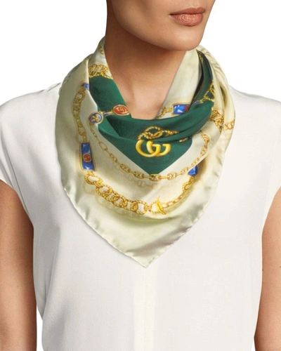 Gucci Silk Scarf With Gg Jewels Print In Ivory