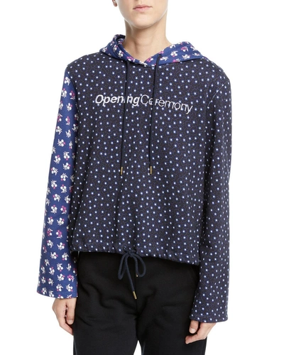 Opening Ceremony Cropped Floral-print Cotton Logo Hoodie In Black Pattern