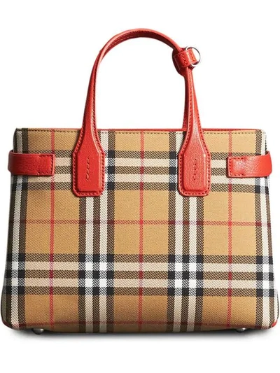 Burberry The Small Banner In Vintage Check And Leather - 黄色 In Bright Red