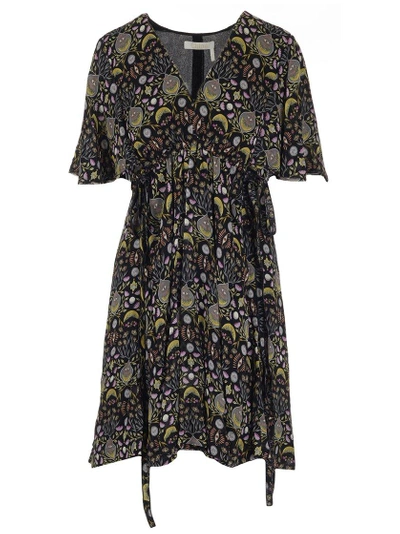 Chloé Floral-print Tie-waist Crepe Dress In Black