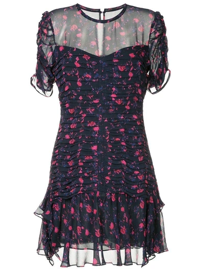 Tanya Taylor Carti Floral Ruched Short Flounce Dress In Navy Multi
