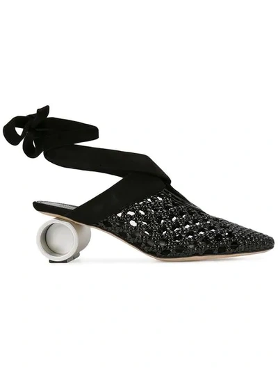 Jw Anderson Lace Up Woven Cylinder Heel Mule In Black