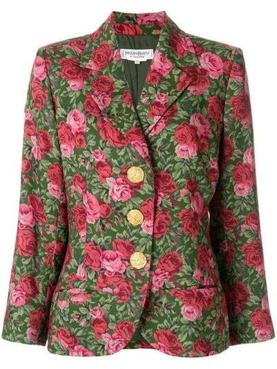 Pre-owned Saint Laurent Roses Printed Blazer In Green