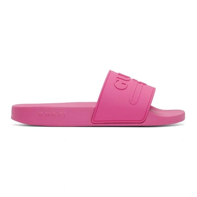 Gucci Men's Embossed Logo Slide Sandals In Pink