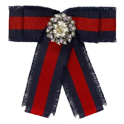 Gucci Red And Navy Grosgrain Stripe Bow Brooch In 9098 Redblu