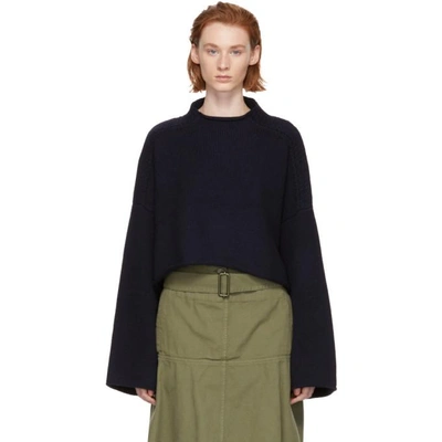 Jw Anderson Cable-knit Detail Dropped-shoulder Wool-cashmere Jumper In Navy