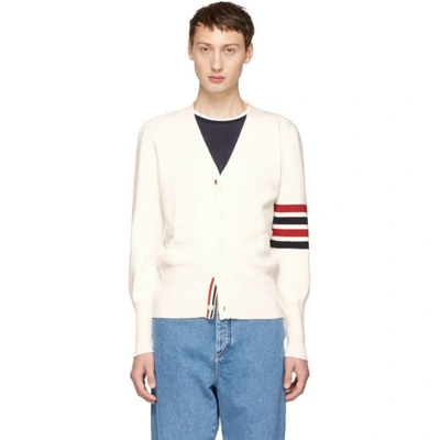 Thom Browne White Diagonal Stitch Four Bar Stripe Merino Cardigan In Brown,white