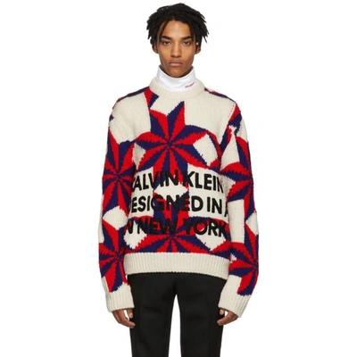 Calvin Klein 205w39nyc Star And Logo Wool Knit Sweater In Ivory/red/blue