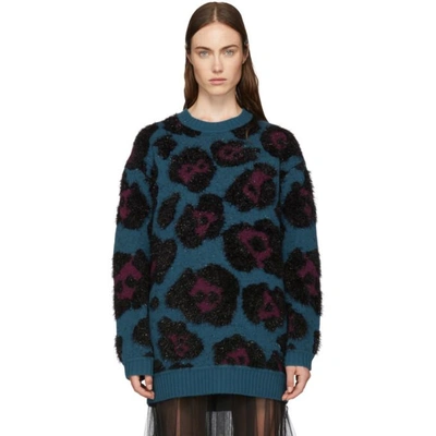Marc Jacobs Leopard-jacquard Metallic Long-sleeve Crewneck Tunic Sweater In Pastel Blue