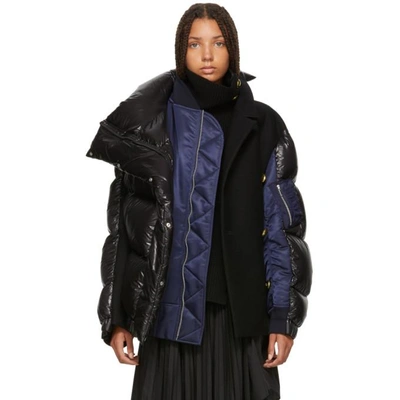 Sacai Oversized Wool-paneled Quilted Shell Down Coat In Black Navy