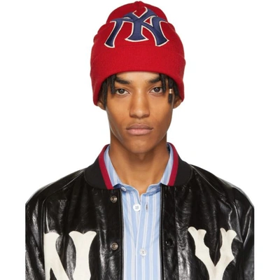 Gucci Men's New York Yankees Mlb Patch Beanie Hat In Red