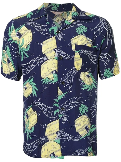 Pre-owned Fake Alpha Vintage 1950s John Meigs Hawaiian Village Print Shirt In Blue