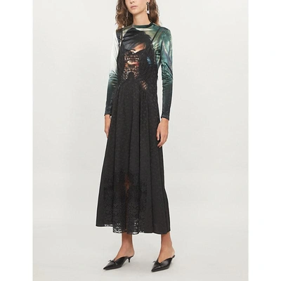 Stella Mccartney Jh Lynch Tina Long-sleeve Velvet Top Attached Floral-print & Lace Silk Cami Dress In Black