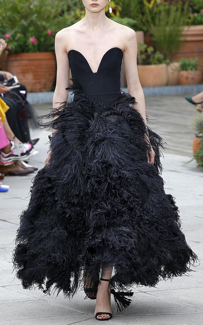 Oscar De La Renta Strapless Feather-embellished Crepe Gown In Black
