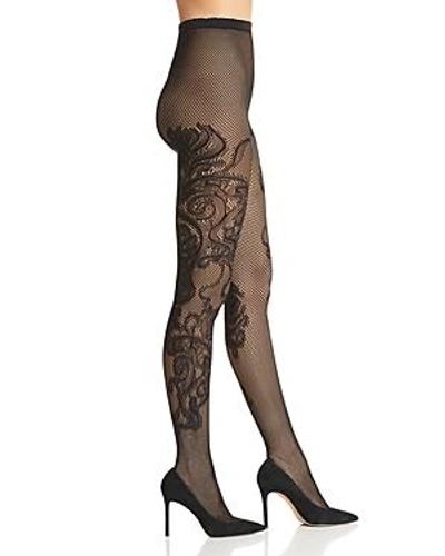Natori Scroll Patterned Fishnet Tights In Black