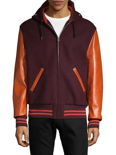 Maison Margiela Leather Sleeve Wool Bomber Jacket In Bordeaux