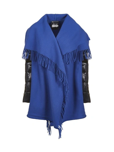 Moncler Mantella Fringed Shawl-collar Quilted-sleeve Wool Cape In Blue