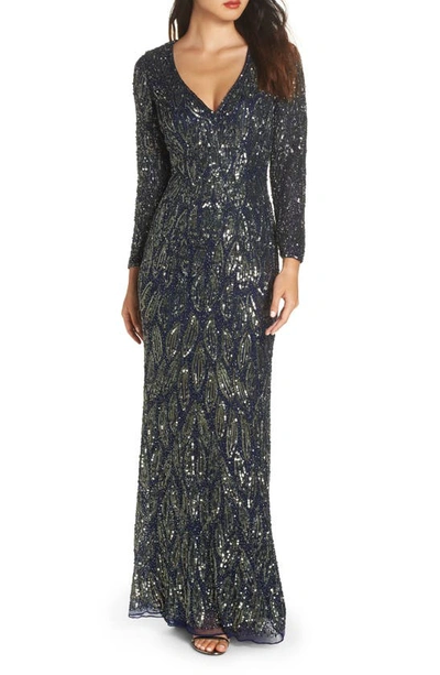 Mac Duggal Metallic Sequin V-neck Long-sleeve Leaf-pattern Gown In Midnight