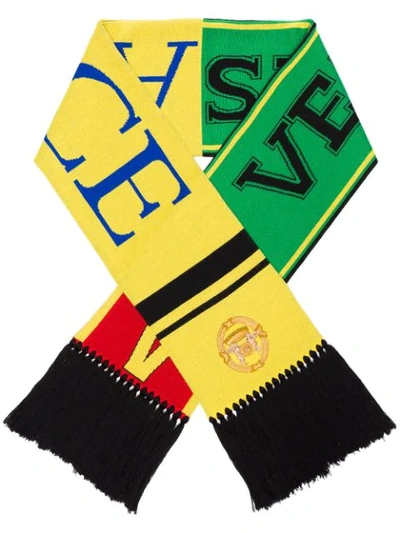 Versace Fringed Logo Scarf In Yellow/orange