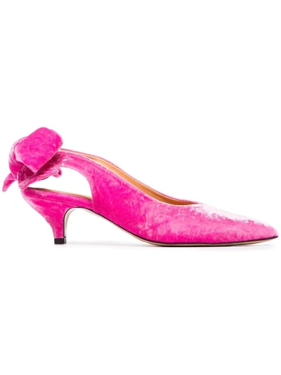 Ganni Bow-detailed Velvet Slingback Pumps In Pink
