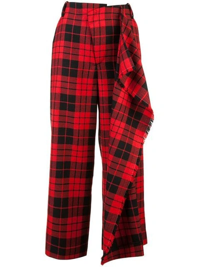 Monse Cascade Slit Flared-leg Wool Tartan Culotte Pants In Red