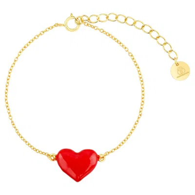Pre-owned 15degreeslondon 18k Gold-plated 925 Silver Bracelet With Handcrafted 3d Red Enamel Heart